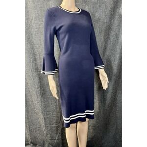 Eliza J Fit & Flare Sweater Dress Navy Blue 3/4 Bell Sleeve Midi Knit Small